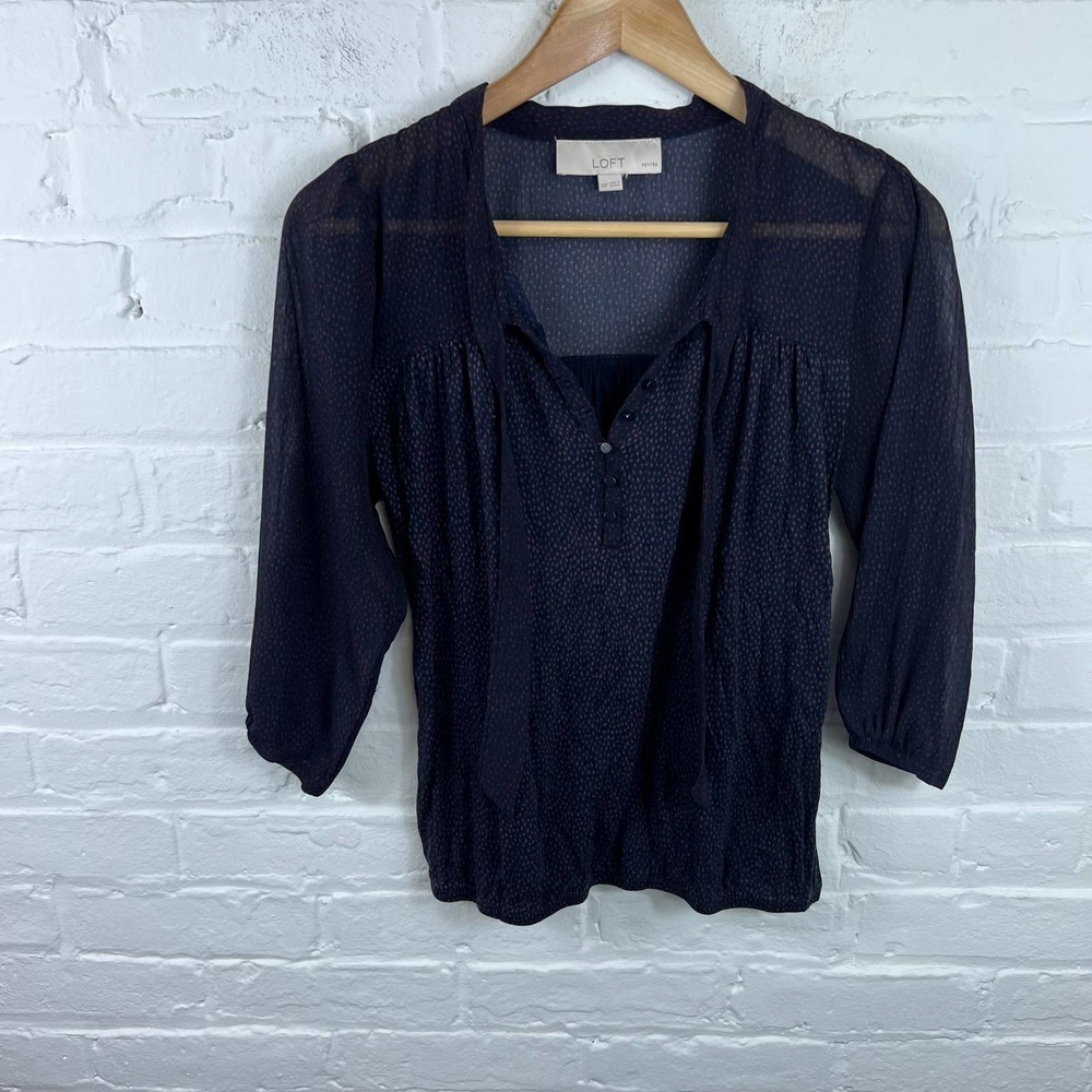 LOFT Women's Front Button Detail Blouse Top 3/4 Sleeves Black Maroon Size XSP